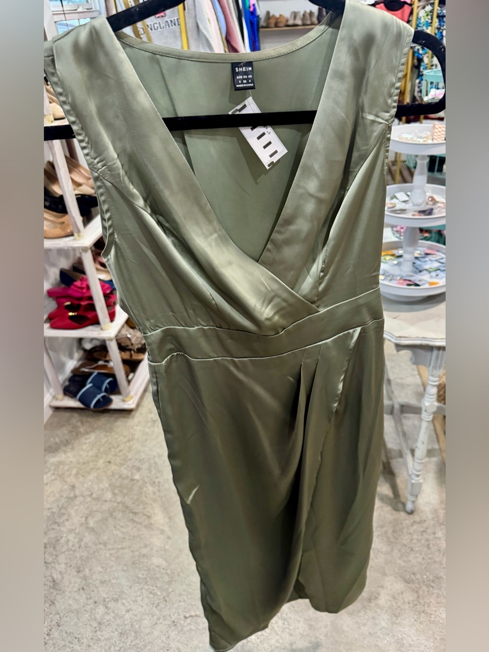 SHEIN Olive Satin V-Neck Midi Dress
